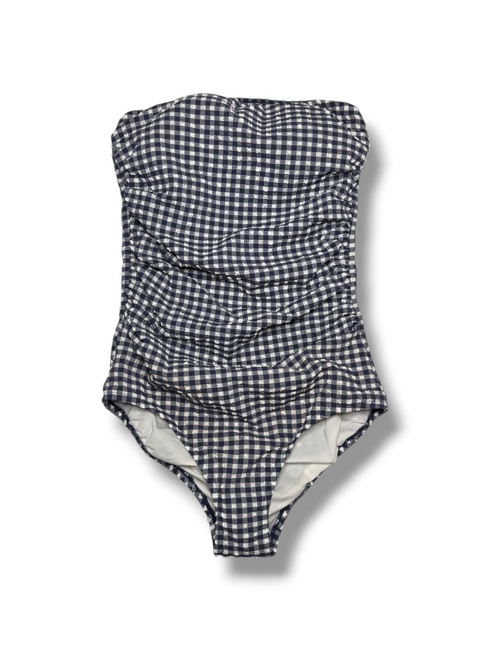 J. Crew Seersucker Gingham Plaid Strapless One Piece Swim Suit Beach Navy 4